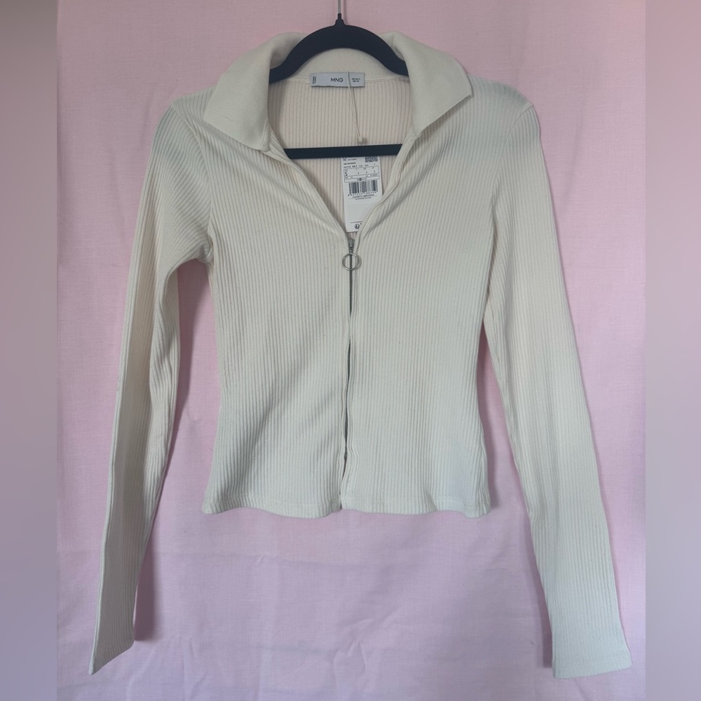 Mango Cream Ribbed Zip-Up Long Sleeve Top